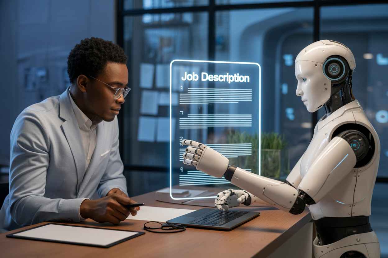 How to Write Better Job Descriptions with Hiring Expert GPT 3 Recruiter working with humanoid robot to refine job description with hiring expert gpt on glowing tablet
