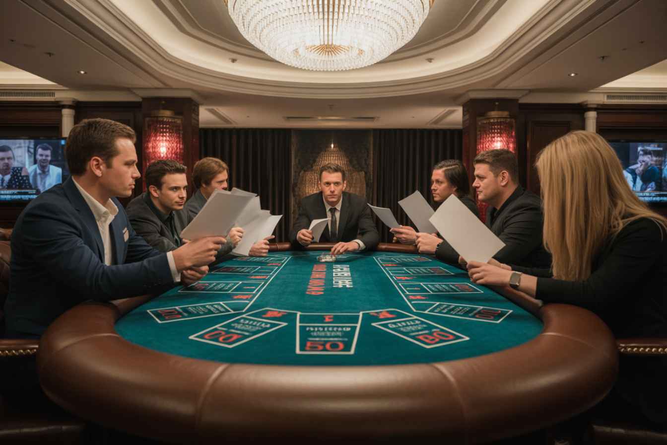 Poker players holding resumes instead of cards, metaphor for high-stakes sales hiring.
