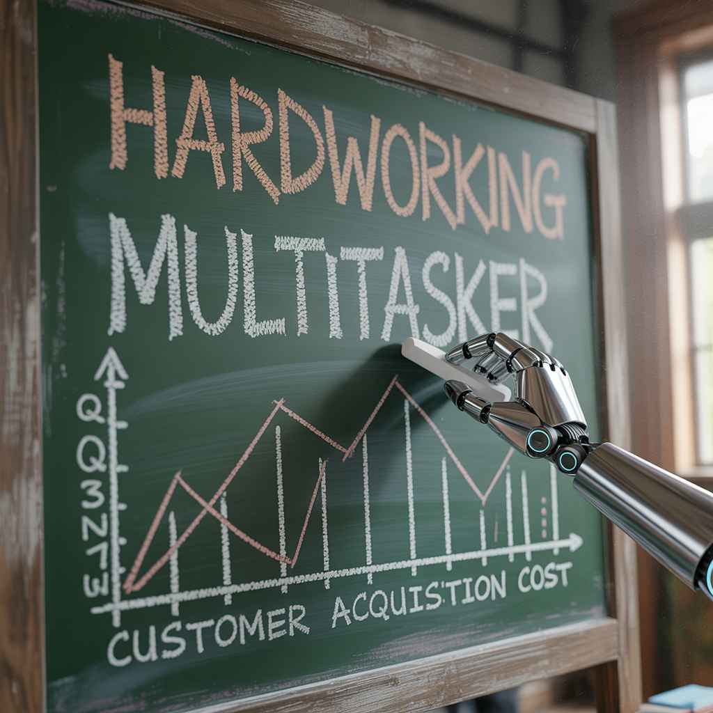 Robotic hand writing “Hardworking Multitasker” on a chalkboard, symbolizing AI-driven recruitment precision with Hiring Expert GPT
