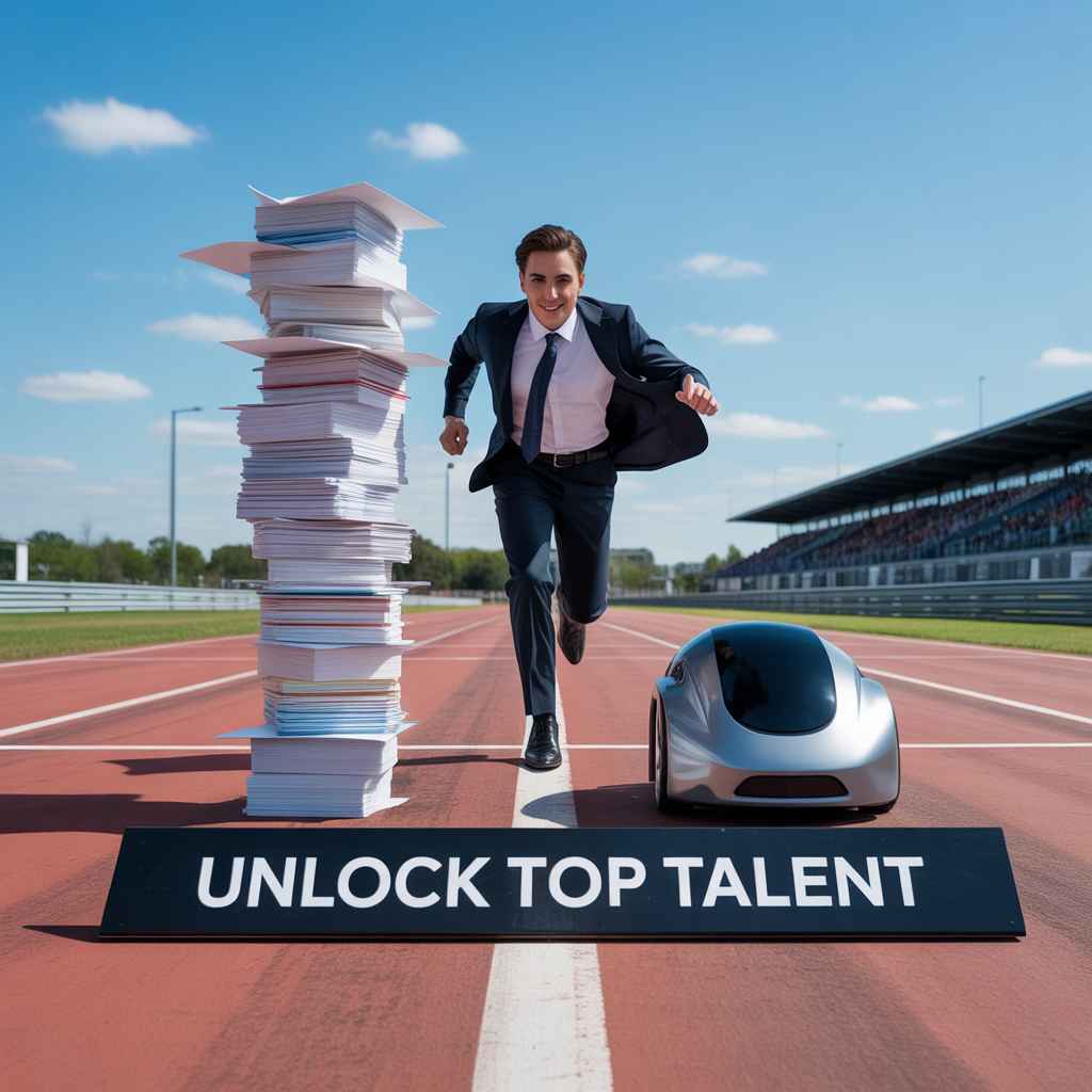 Recruiter and AI robot racing together on a track, with resumes as hurdles, symbolizing faster hiring with AI.