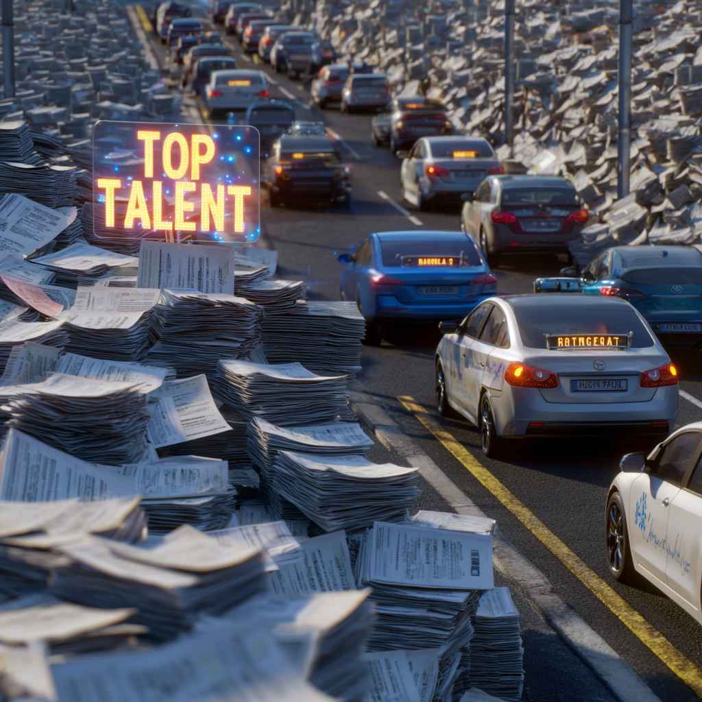 Realistic metaphor of AI chatbot removing hiring bottlenecks and letting top talent flow through.