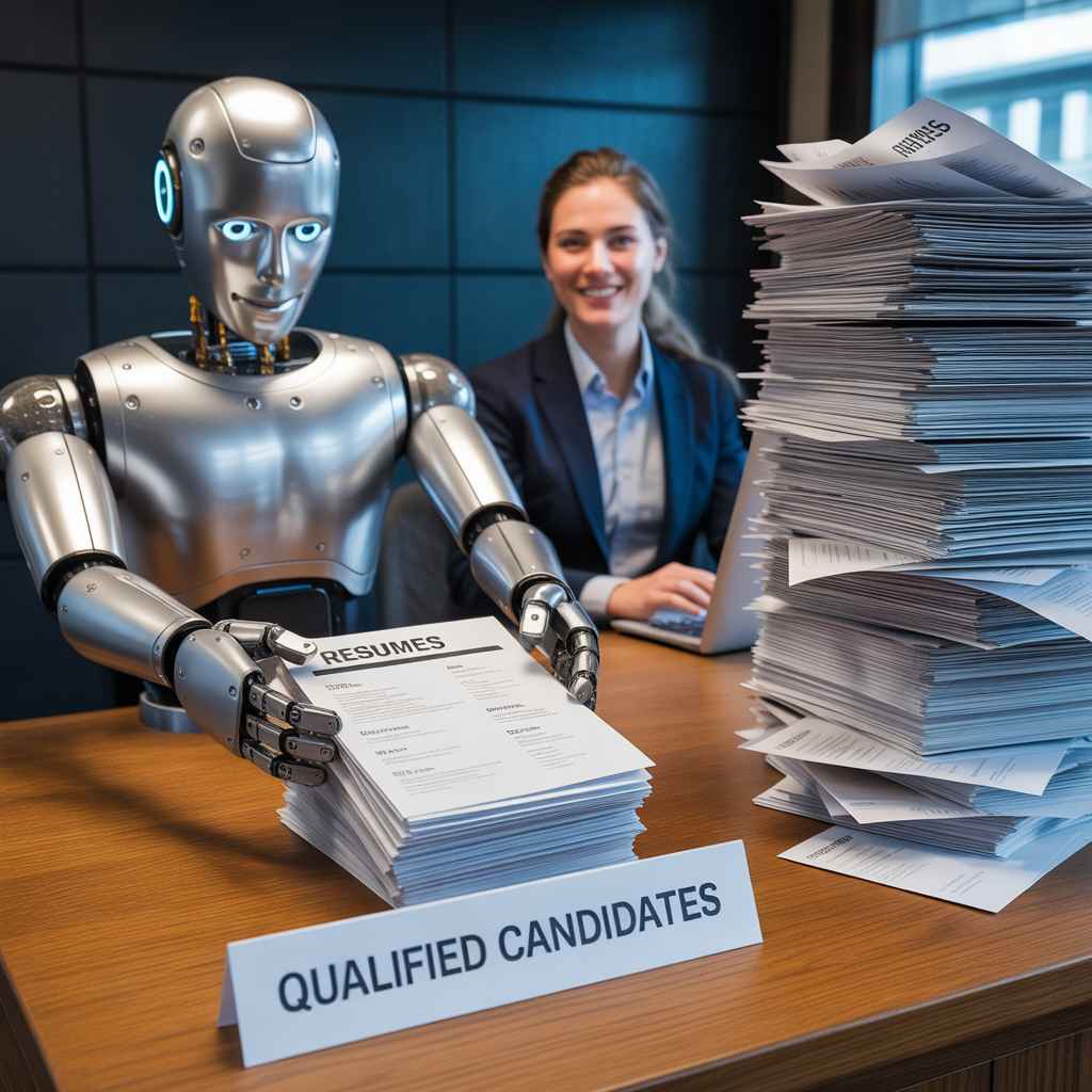 Robot helping recruiter by organizing resumes for hiring.