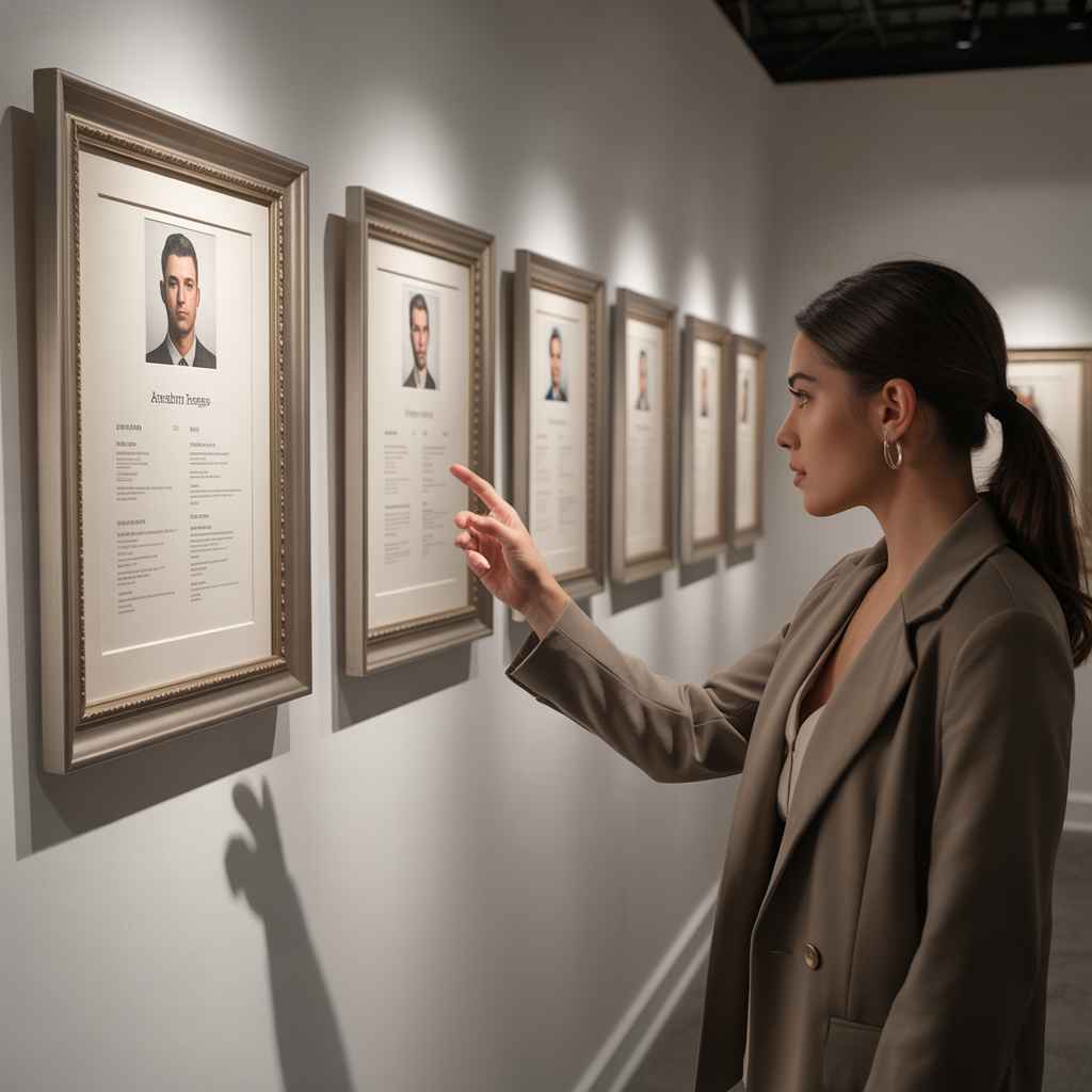 Resumes displayed as fine art in a gallery, metaphor for selecting rare high-end sales talent.