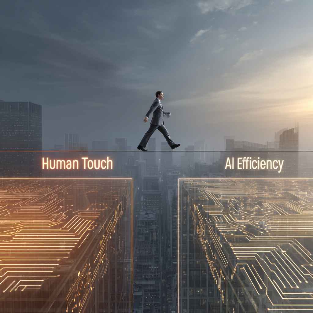 Business leader walking a tightrope between human touch and AI efficiency, symbolizing balance in modern hiring.