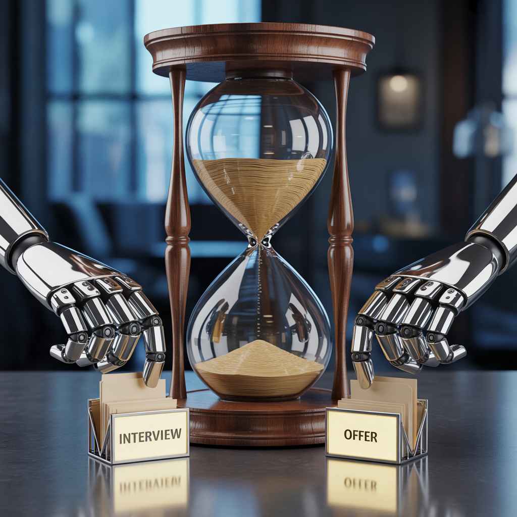 Hourglass with resumes flowing into AI arms that instantly sort candidates, metaphor for AI reducing time to hire.