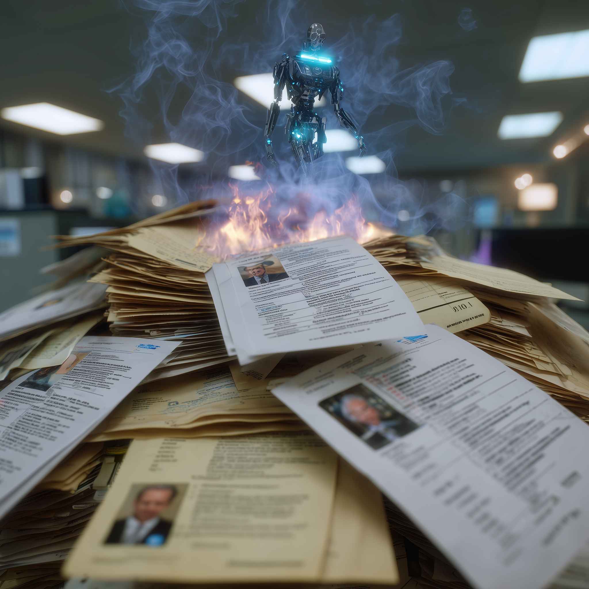 Metaphor of AI chatbot exposing manipulated resumes and highlighting real qualified talent.