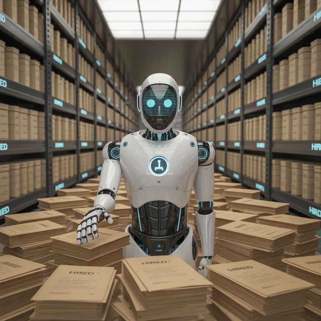 AI recruitment robot as a librarian organizing resumes in a vast library, metaphor for structured hiring.