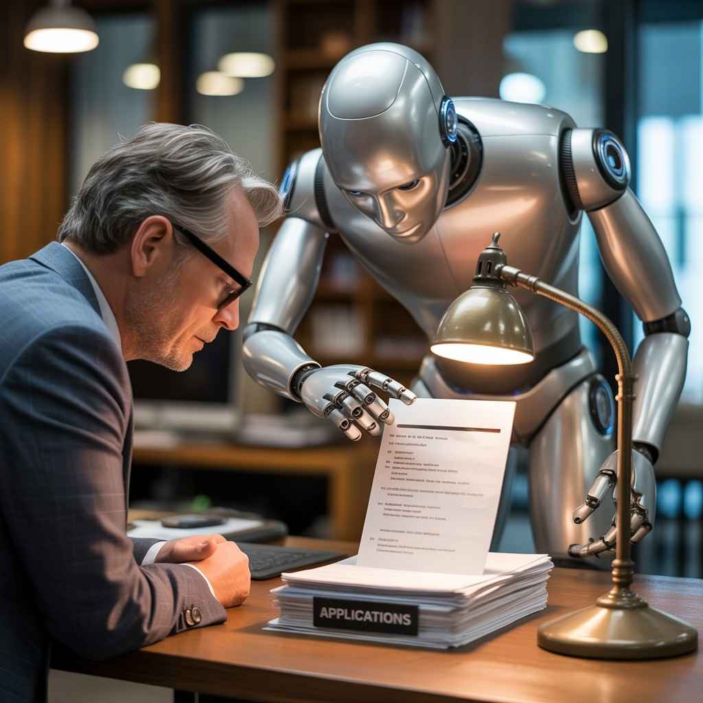 Robot shining light on top candidate resume for recruiter.