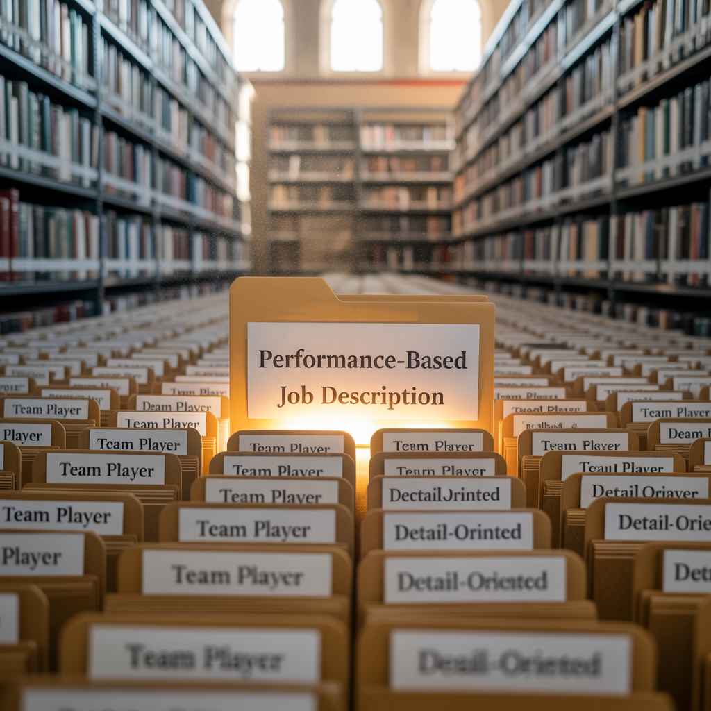 Glowing performance-based job description folder standing out among generic vague folders, metaphor for AI creating clarity.