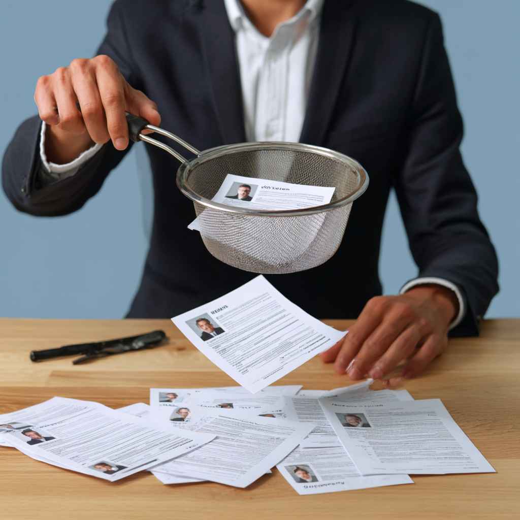 Recruiter filtering resumes with a sieve, symbolizing challenges of public job postings.