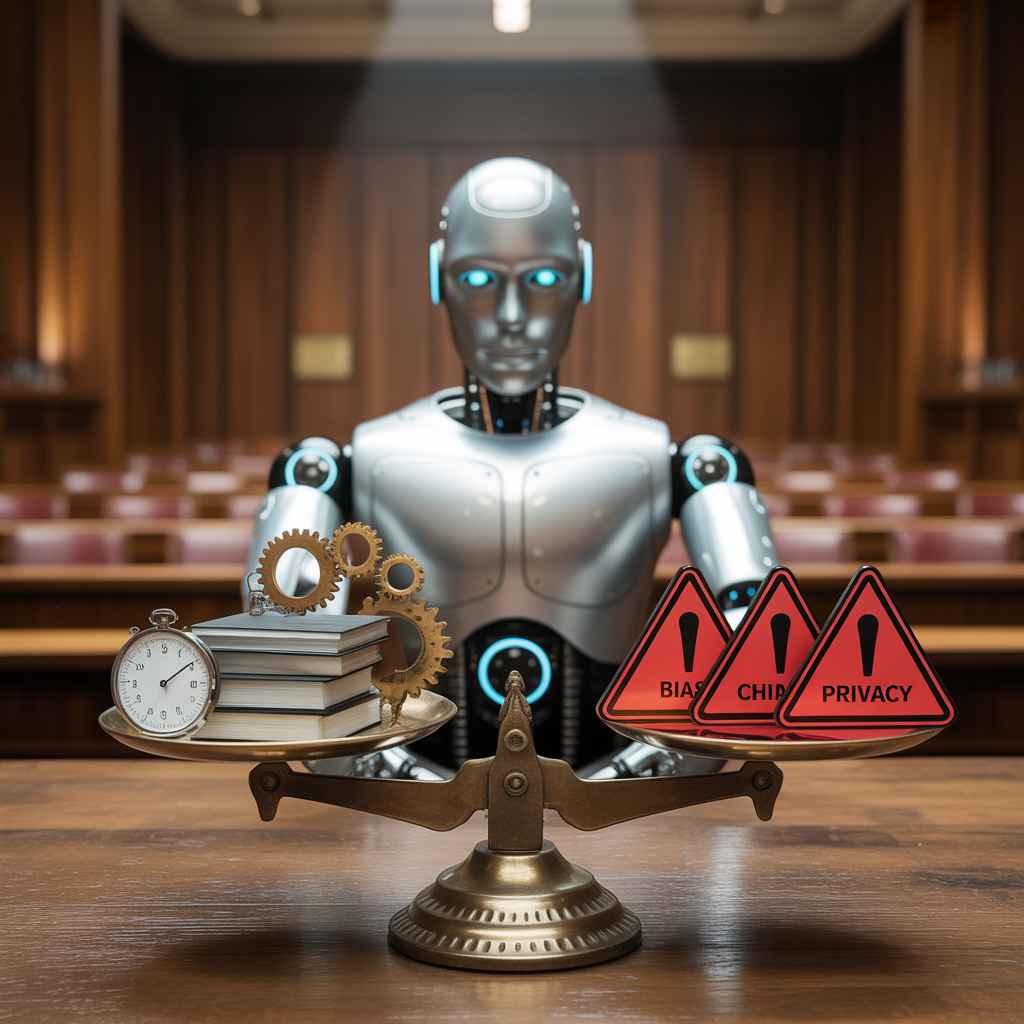 Pros and Cons of Using AI in Hiring: A Practical Guide 2 Metaphor showing AI in hiring balancing efficiency against risks like bias and compliance.