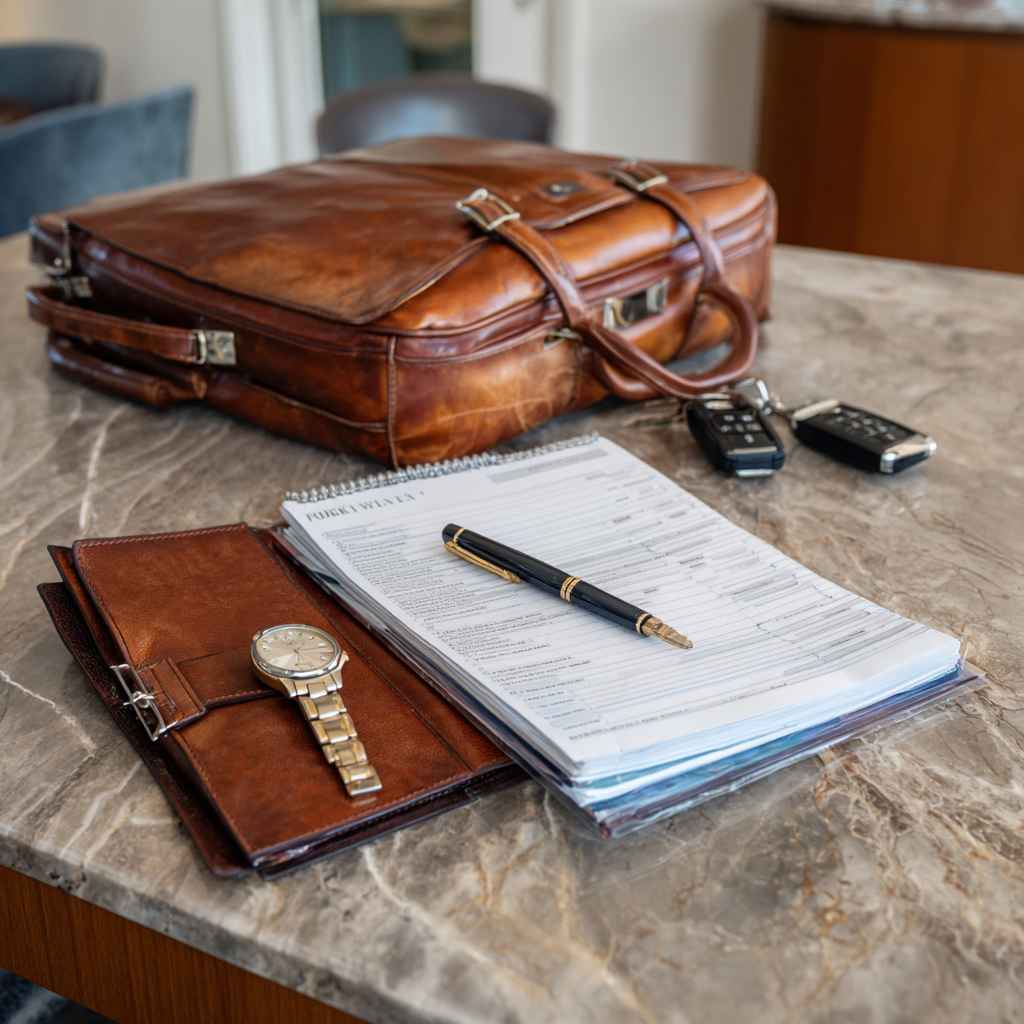 Playbook with luxury sales items on desk, symbolizing structured hiring strategy.