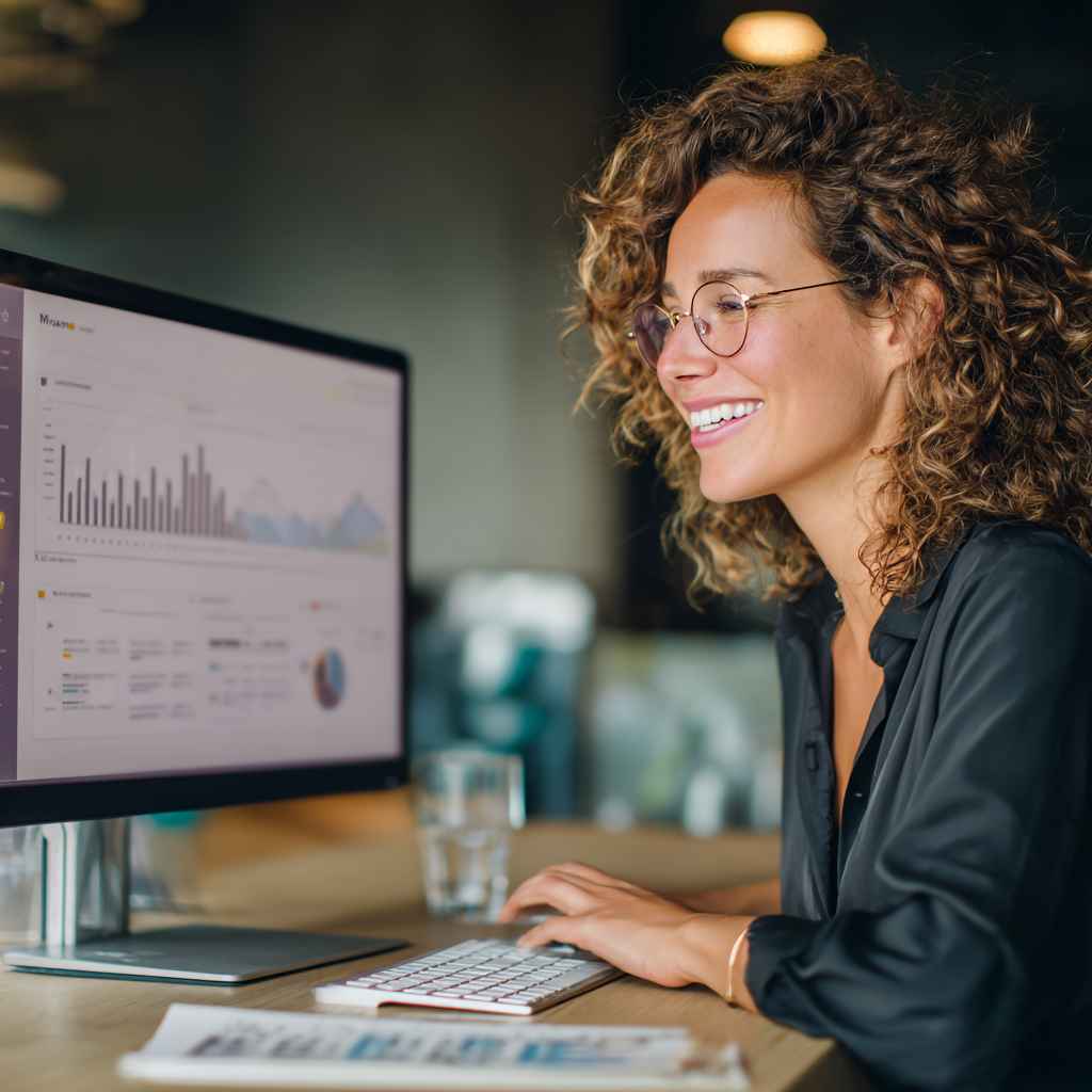 Small business HR manager reviewing AI recruitment analytics on monitor.