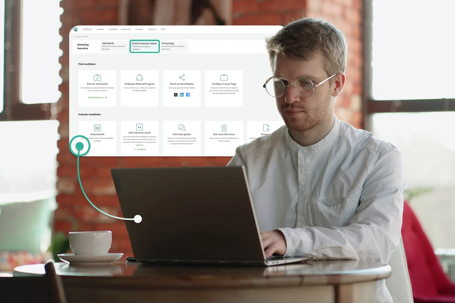 Man using a laptop for candidate search and matching evaluation with a recruitment dashboard showing options such as job postings, employee referrals, assessments, reference checks, and interview guides.