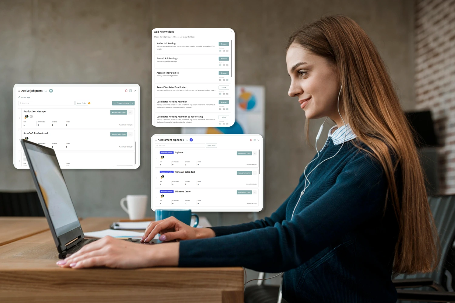 HR professional working on a laptop with hiring software dashboard overlays displaying active job postings, assessment pipelines, and candidate status tracking.