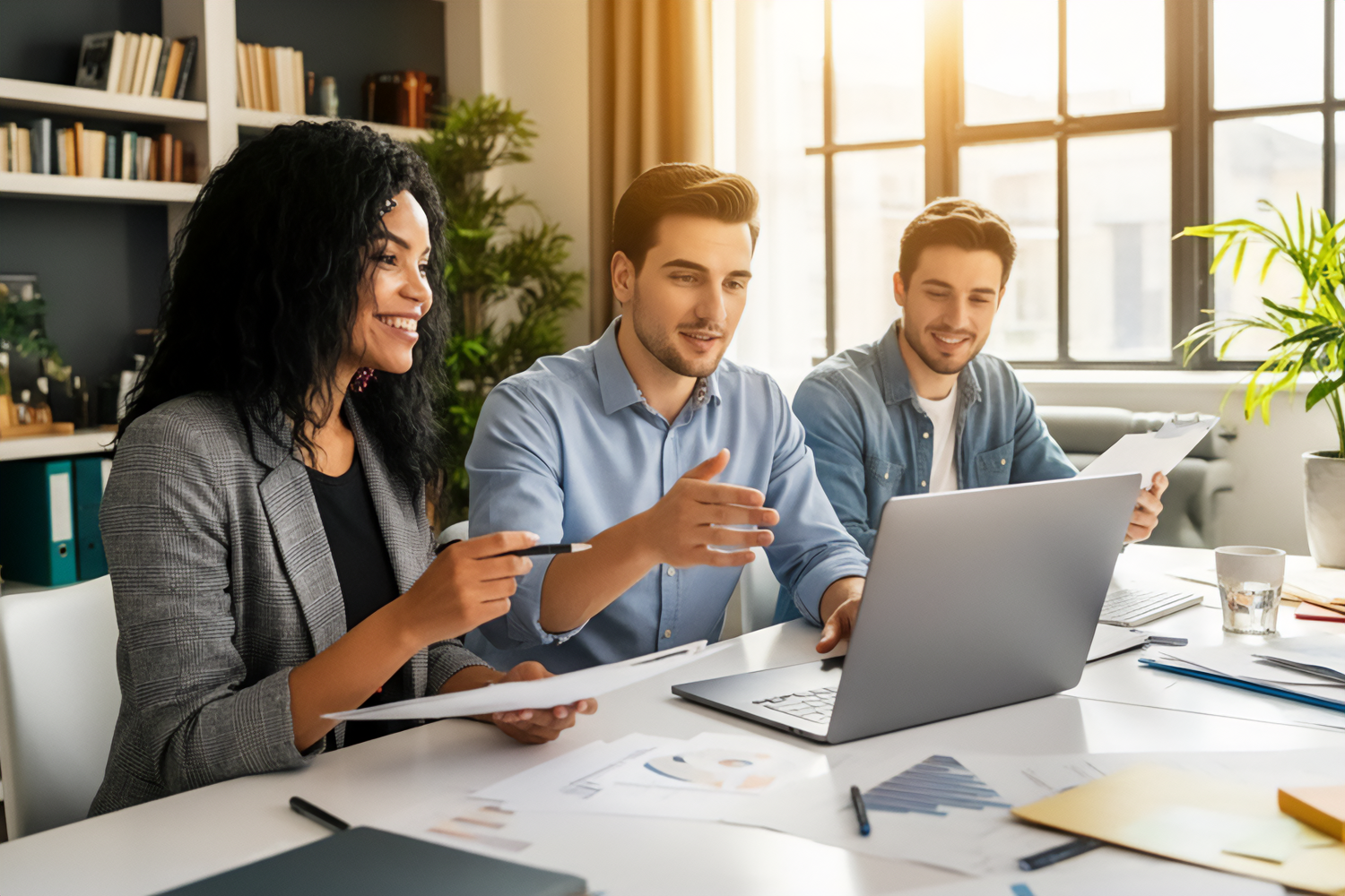 Group of hiring professionals discussing resumes and job applications around a laptop during a collaborative recruitment meeting.