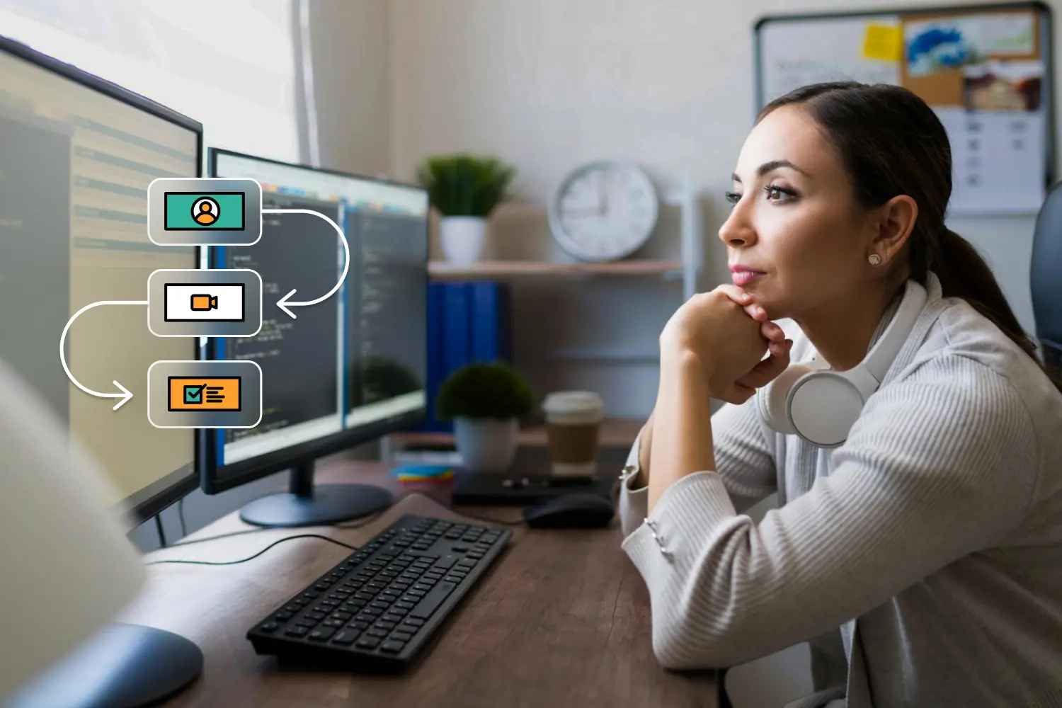Woman reviewing digital workflow for hiring with icons representing webhooks, candidate profile, video interview, and assessment test results.