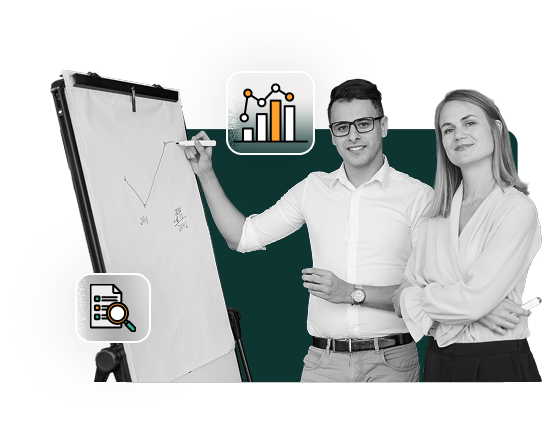 Two professionals presenting data on a flip chart with icons of bar graphs and document search, representing skills assessment and test analysis in a workplace setting.
