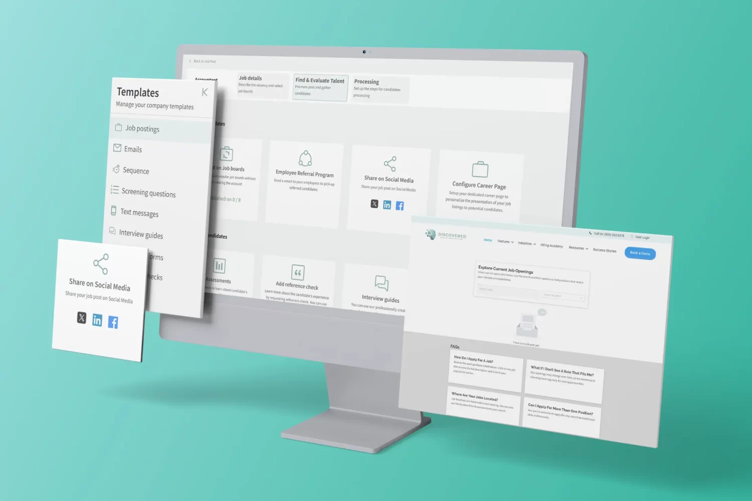 This mockup shows screens for some candidate sourcing and employer branding features of the Discovered software.