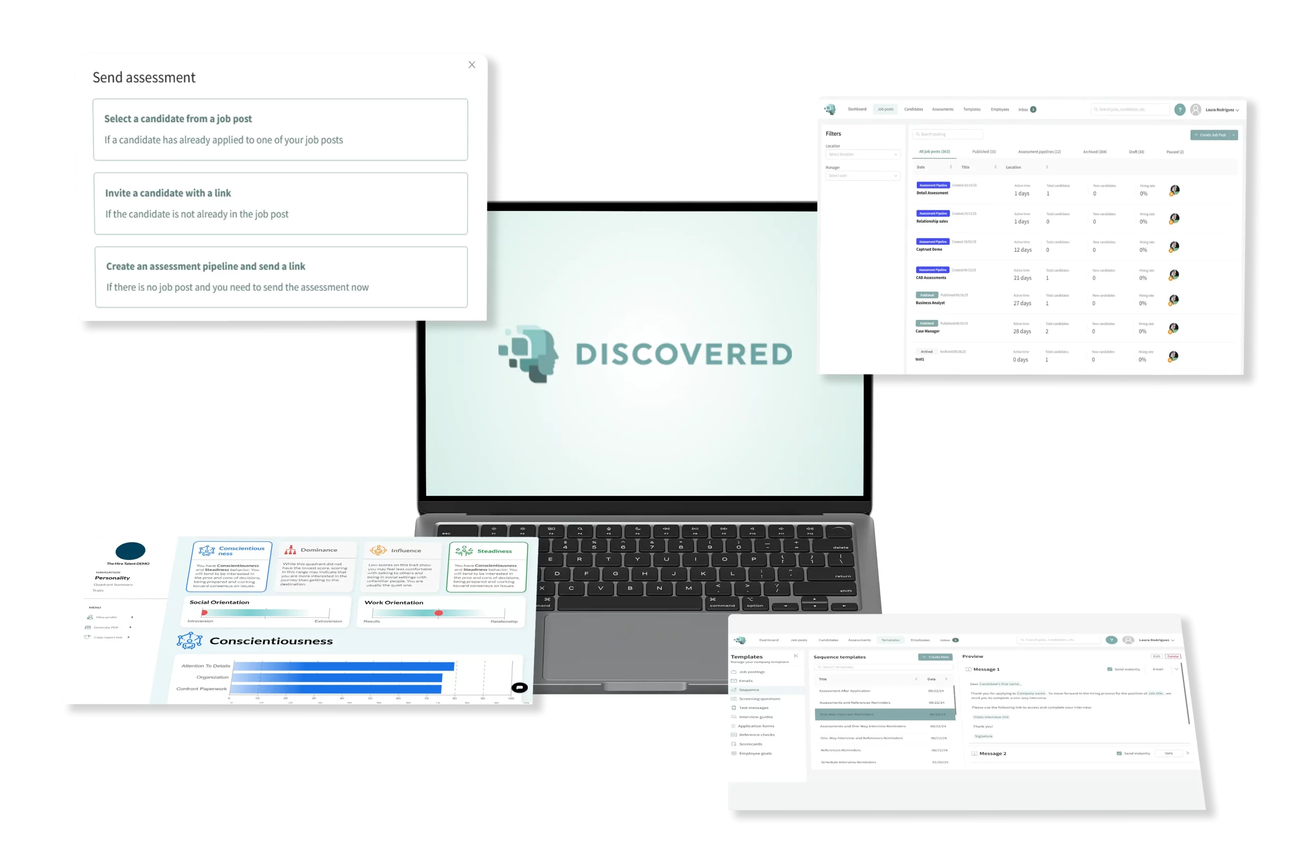 Discovered AI recruitment platform interface showing online assessments, personality results, and candidate analytics for modern recruiter training and evaluation.