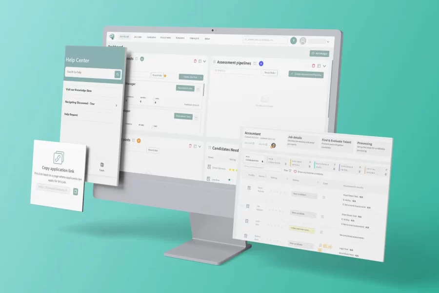 This mockup shows screens for some Applicant Management and Hiring Workflow features of the Discovered software.