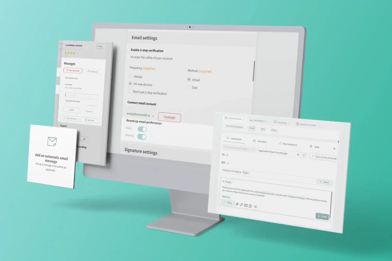 This mockup shows screens for communication and collaboration tools of the Discovered software.
