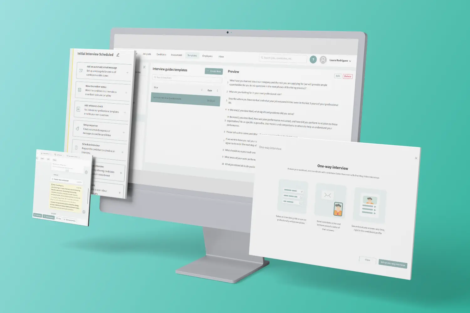 This mockup shows screens for some Interviewing and Evaluation features of the Discovered software.
