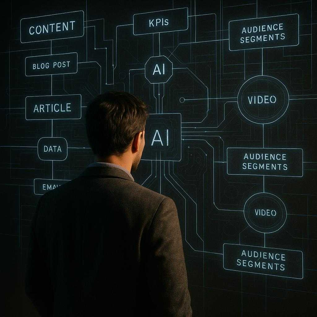 Definitive Guide to Content Marketing for AI-Driven Growth 3 A surreal editorial scene: A strategist stands before a sprawling, illuminated blueprint made of digital nodes and content icons, each node connected by glowing AI-powered circuits. The blueprint is laid out like a city plan, showing channels, customer segments, and measurable KPIs, visually representing the precision and strategic architecture behind modern content marketing.