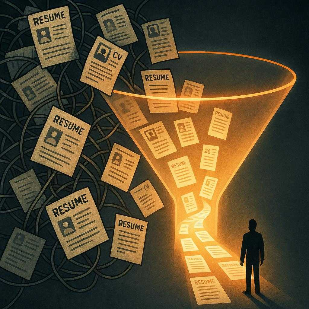 The Definitive Guide to Hiring Marketing: Strategies, AI, and Trends 3 A surreal editorial image showing a tangled web of resumes transforming into a clear, illuminated marketing funnel. At the start, resumes and applications are jumbled and messy; as they move through the funnel, they become clear, glowing paths leading to a single, sharply focused candidate. The metaphor visualizes the evolution from chaotic traditional hiring to targeted, data-driven hiring marketing.