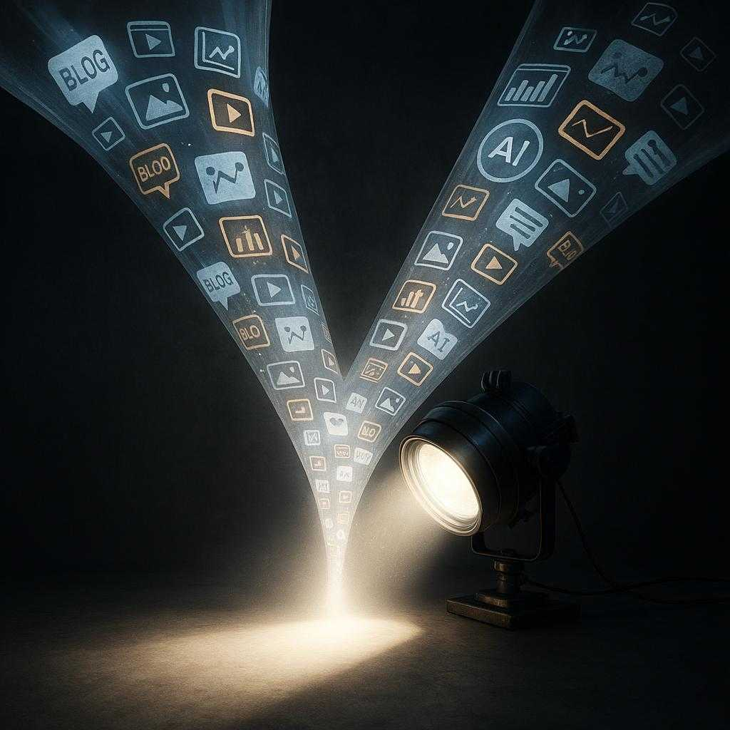 Definitive Guide to Content Marketing for AI-Driven Growth 5 A metaphorical editorial image: Two enormous, transparent funnels pour endless streams of digital content (blogs, videos, analytics) into the focused beam of an AI-powered spotlight. The spotlight projects a sharply defined path forward, while the area outside remains in shadow, illustrating how AI centralizes and clarifies which content truly drives engagement and long-term brand affinity.