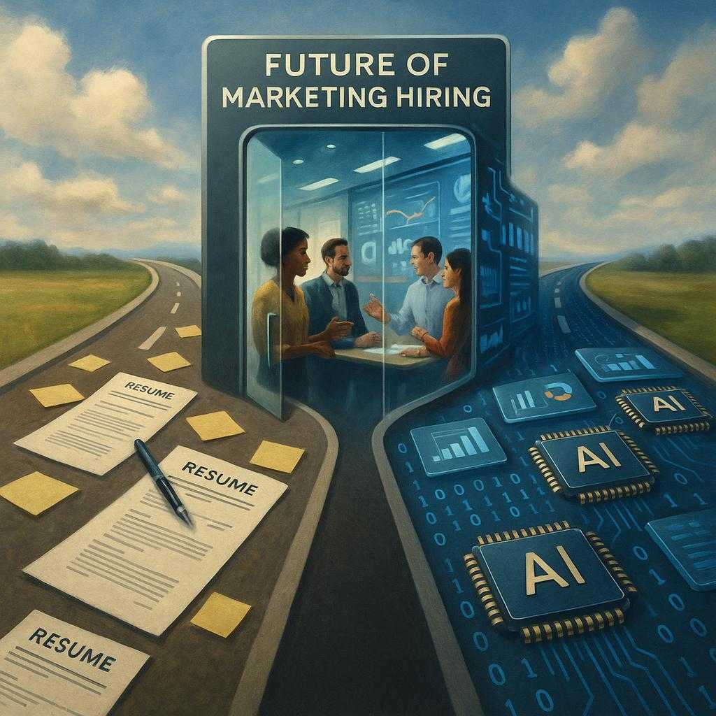 The Definitive Guide to Hiring Marketing: Strategies, AI, and Trends 4 A highly realistic image of two roads converging: one paved with analog tools (paper resumes, pens, sticky notes), the other with digital icons (AI chips, data streams, analytics dashboards). At the convergence point stands a glass door labeled 'Future of Marketing Hiring,' partly transparent, revealing a diverse group of professionals inside collaborating under glowing digital displays.