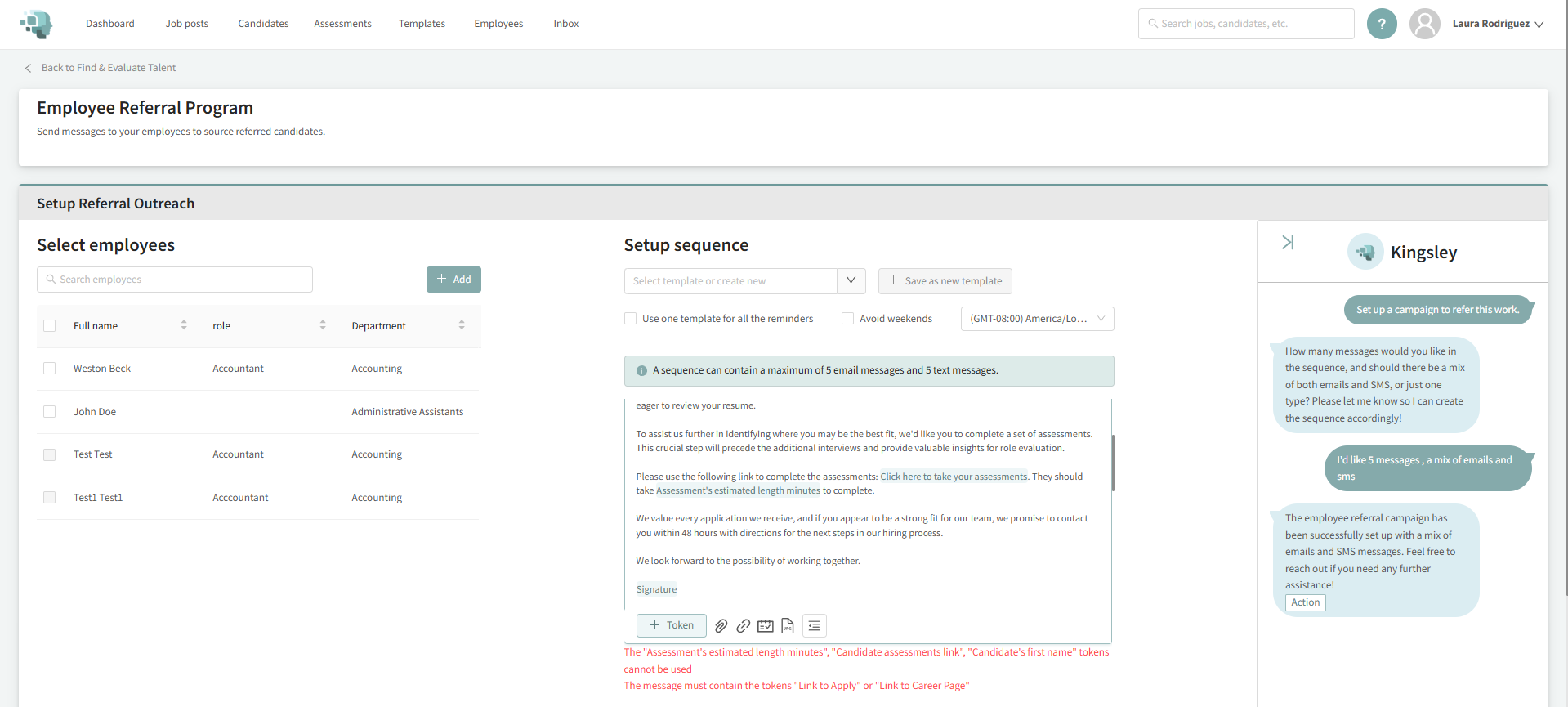 Employee referral program dashboard illustrating internal employee referrals, referral communication workflows, and referral-based candidate sourcing in hiring software.