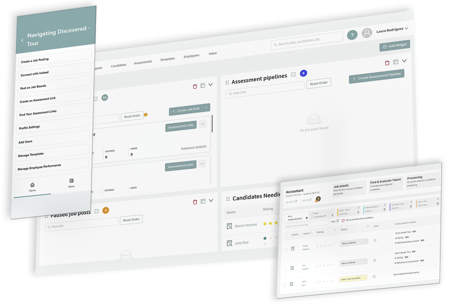 Applicant tracking system interface managing job postings and candidate profiles, featuring ATS tools for tracking interviews, assessments, and hiring stages.