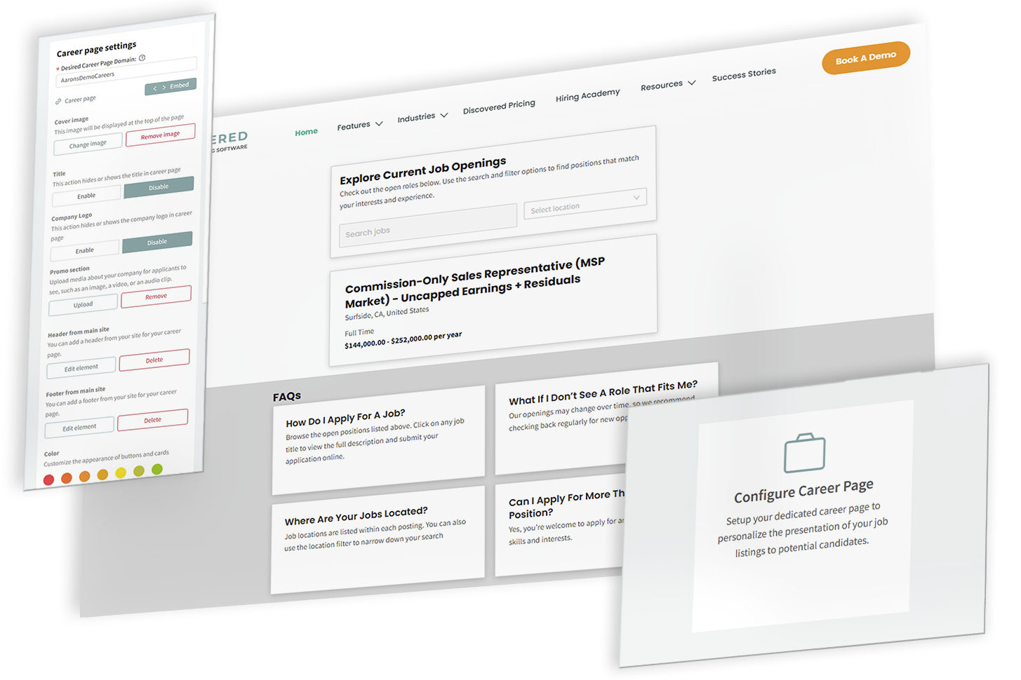 Career page settings interface showing customizable job career pages and employer career page controls within a hiring platform.