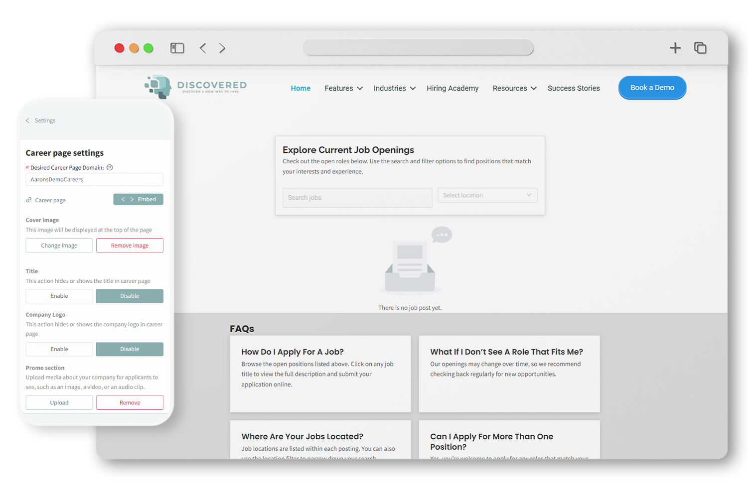 Employer career page preview displaying job listings and search filters as part of a modern careers page software solution.