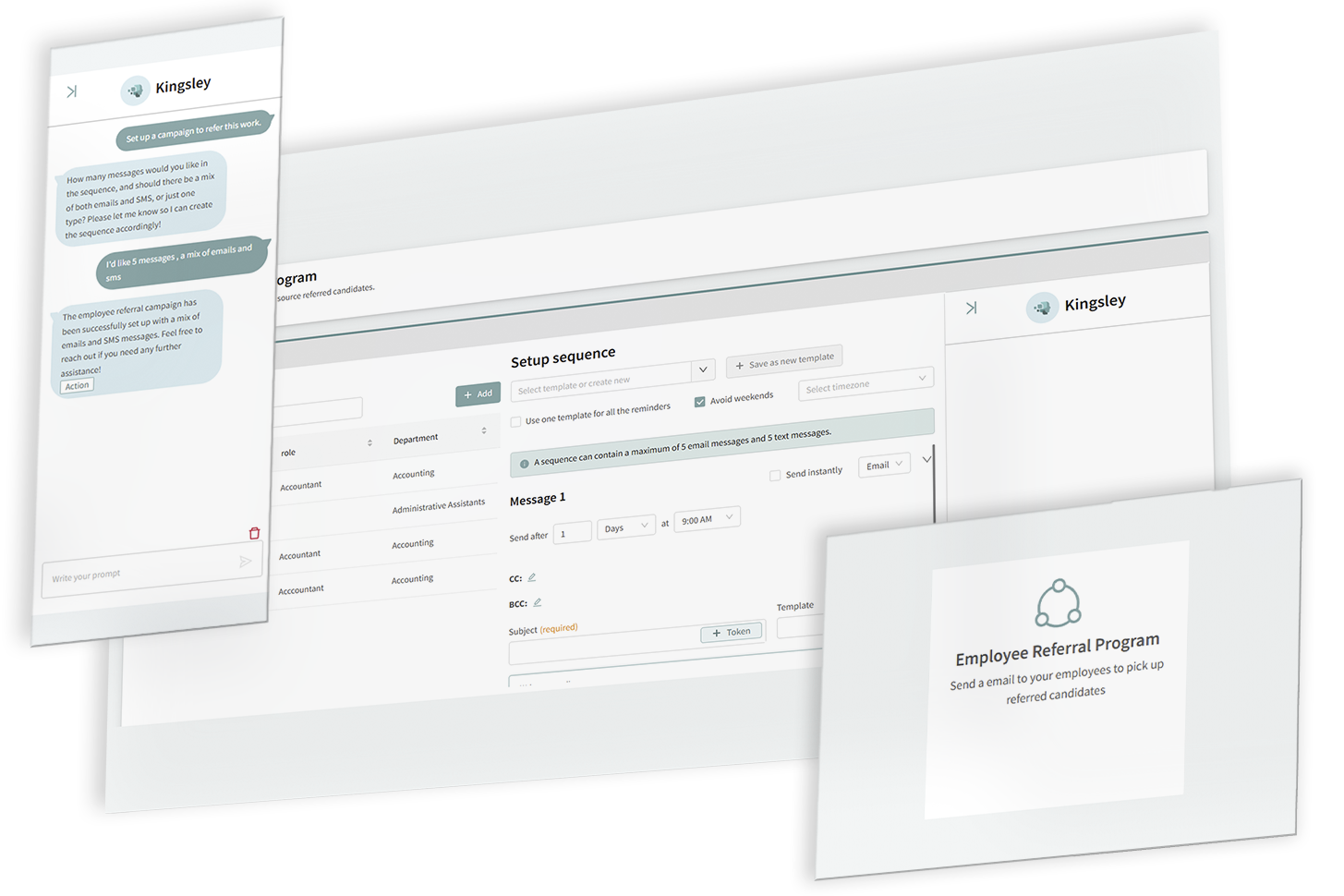 Employee referral program software showing referral campaign setup, automated email and SMS outreach sequences, and internal employee referral management tools.