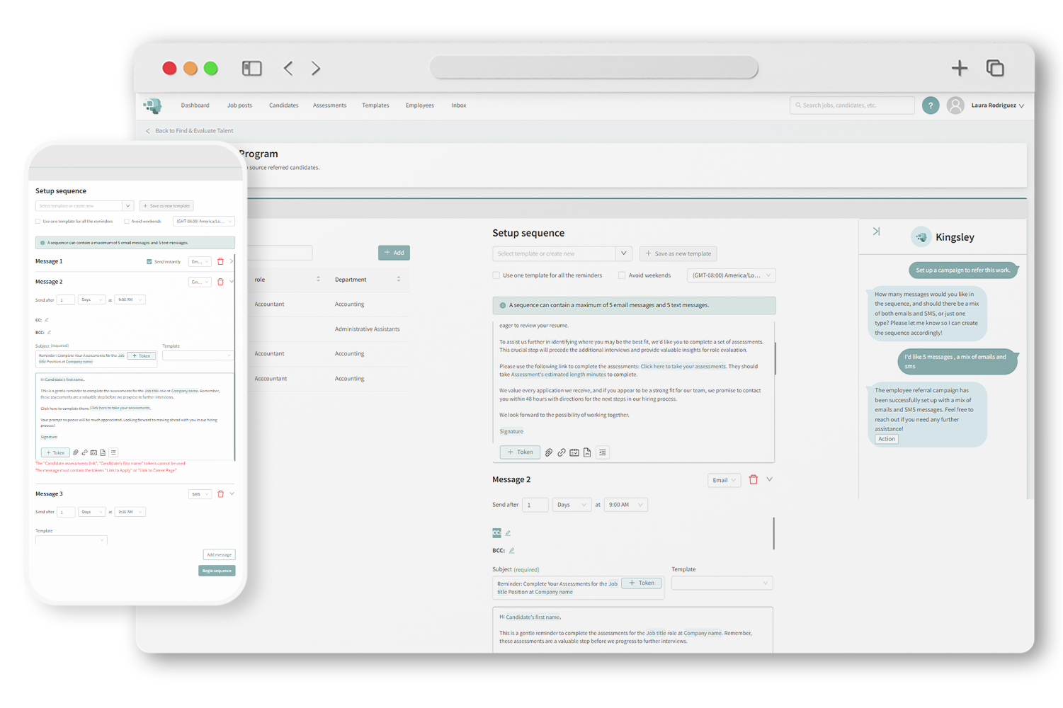 Employee referral program interface displaying referral outreach sequences, employee selection, message scheduling, and referral campaign automation within a recruitment platform.