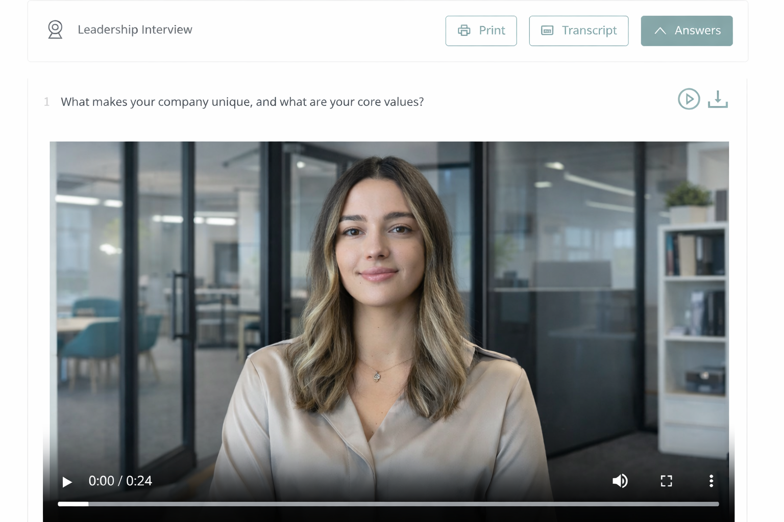 Recruitment marketing video interface showing a structured leadership interview with predefined questions used to capture employer brand messaging during the hiring process.