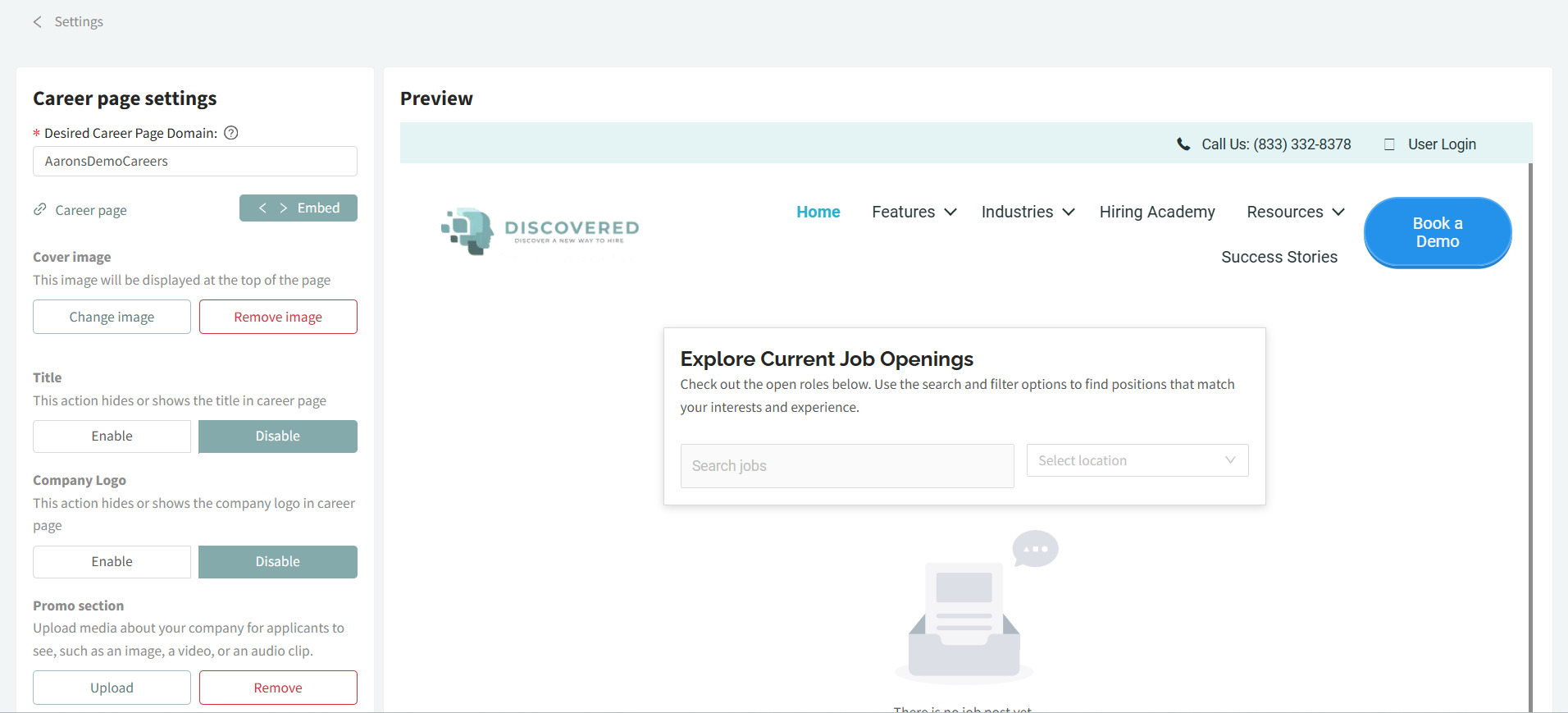 Recruiter configuring a customizable career page with live preview, highlighting branded job career pages for candidate engagement.