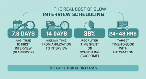 Interview Scheduling Automation: Cut Time-to-Interview 1 Infographic showing the cost of slow interview scheduling: 7.8 days average time to schedule, 38% of recruiter time spent on coordination, and 24-48 hour target with automation