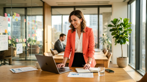 Interview Scheduling Automation: Cut Time-to-Interview 2 Confident recruiter in a bright conference room reviewing hiring workflow on laptop, ready for an interview