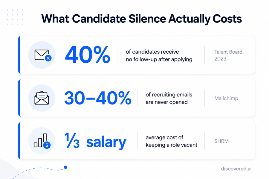 Why Candidate Drop-Off in Hiring Is Costing You More Than You Think 1 Infographic showing three Infographic showing three candidate drop-off in hiring statistics: 40% receive no follow-up, 30-40% of recruiting emails go unread, vacant roles cost one-third of annual salary statistics: 40% receive no follow-up, 30-40% of recruiting emails go unread, vacant roles cost one-third of annual salary