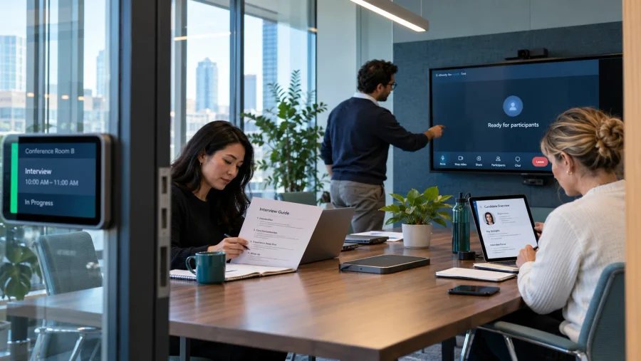 How to Reduce Interview No-Shows Without Losing Great Candidates 4 Hiring team preparing interview technology and candidate information before a meeting