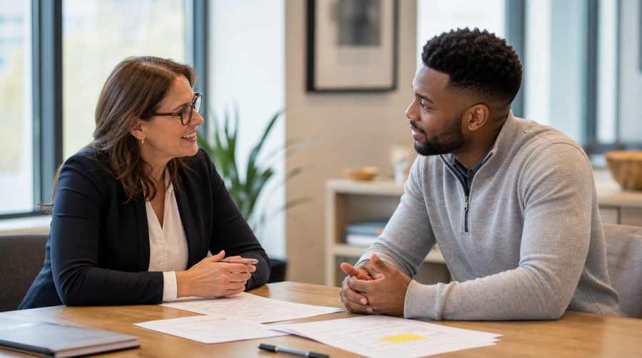 Data-Driven Hiring: How Verified Workforce Data Changes Who You Actually Hire 2 Hiring manager and colleague reviewing printed candidate notes together — data-driven hiring decision in practice