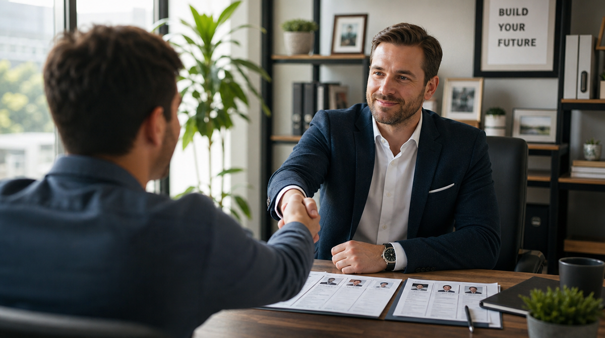 Data-Driven Hiring: How Verified Workforce Data Changes Who You Actually Hire 2 Business owner making a confident hiring offer after a data-driven evaluation process