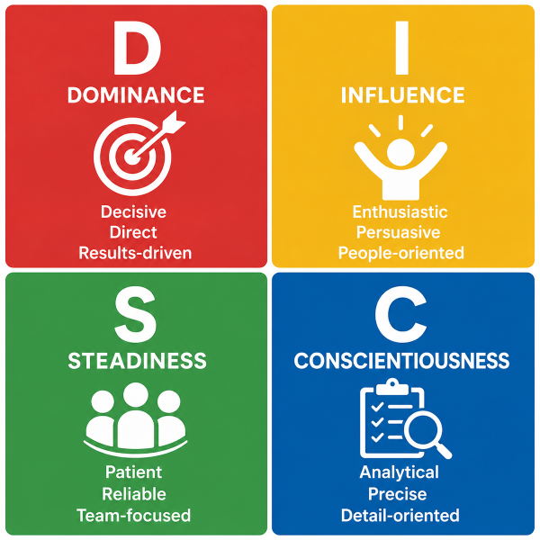 DISC Assessment for Teams: How to Use Behavioral Data to Build Teams That Actually Work 1 DISC assessment for teams — four behavioral dimensions infographic