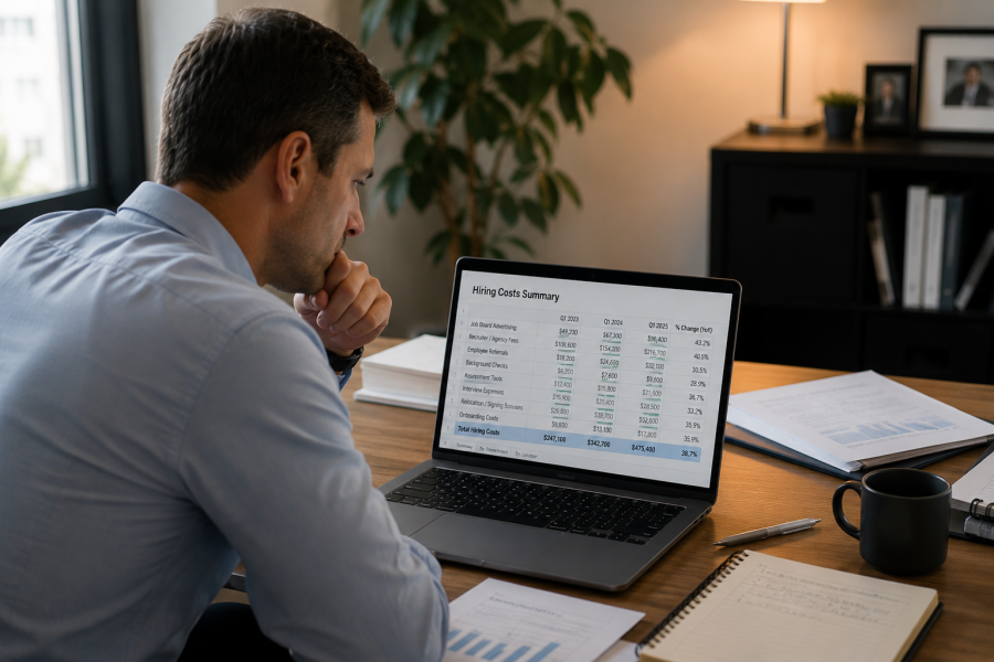 Programmatic Job Advertising: The Essential Guide for Growing Businesses 1 Business owner reviewing hiring costs. Programmatic job advertising reduces cost per hire