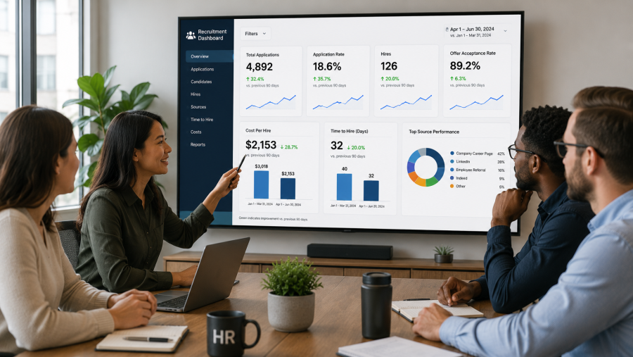 Programmatic Job Advertising: The Essential Guide for Growing Businesses 2 HR team reviewing programmatic job advertising ROI results -- lower cost per hire, faster time to fill