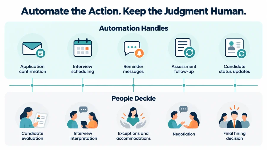Recruitment Automation Best Practices: What to Automate and What to Keep Human 3 Recruitment automation tasks compared with hiring decisions that require human judgment