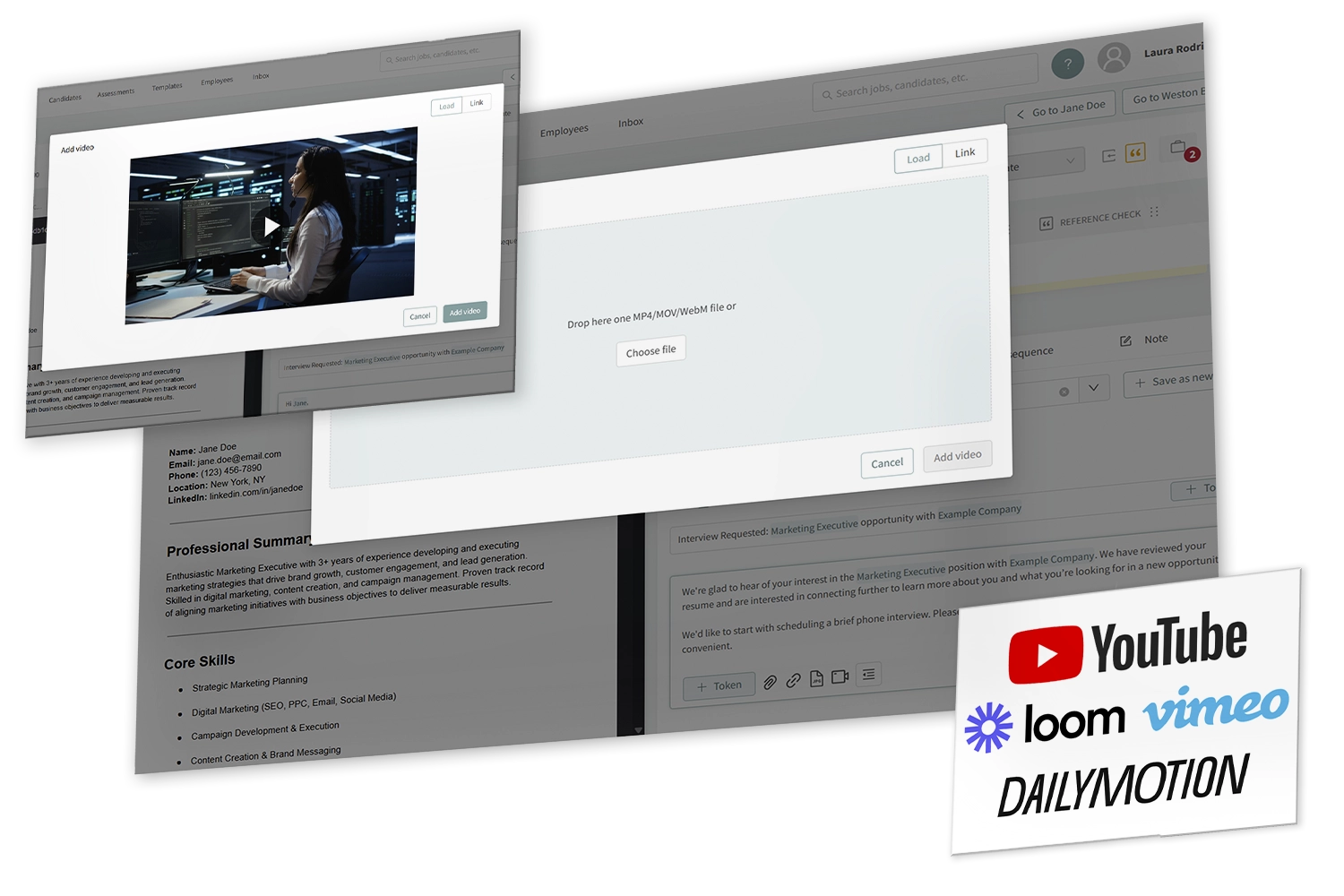 Embed videos in candidate emails using a recruiting platform video feature